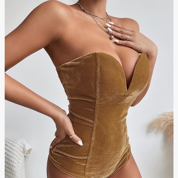 Sexy Velvet Strapless Bodysuit  Vintage Deep V Neck Lace Up Cross Back khaki M - Picture 5 of 6